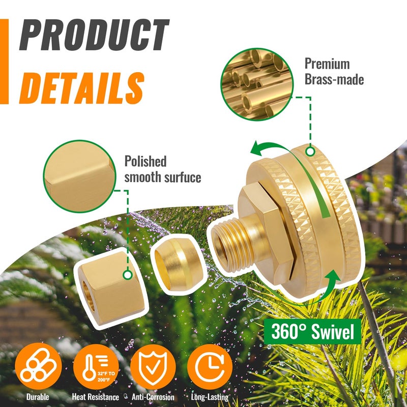 SUNGATOR 2PCS Brass 3/4" Female GHT x 1/4" OD Compression Garden Hose Adapter, 3/4 Inch Female GHT to 1/4 Inch OD Converter, Faucet to Hose Adapter - Image 5